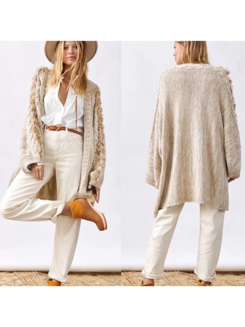 Anthropologie Cardigan Sweater One Size Braided Fringe Open Front Beige Cozy